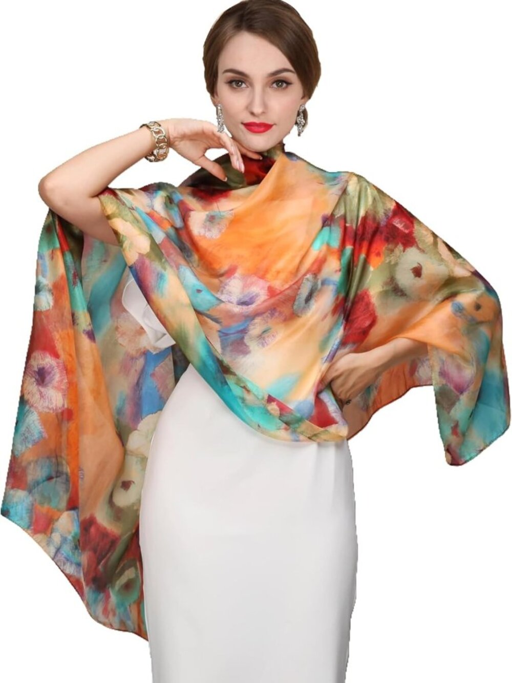 Floral 100% Mulberry Silk Scarf | Long Shawl Wrap 69x43 Inches for Women